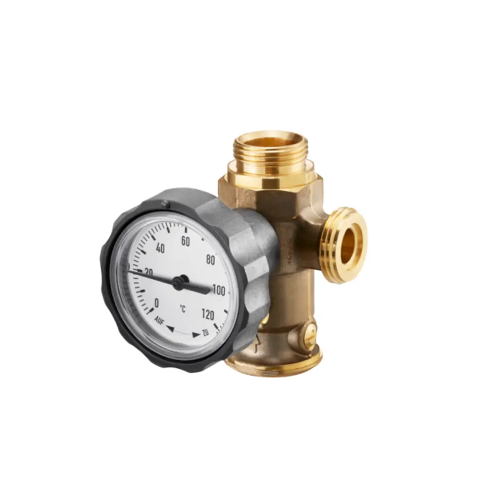 Oventrop Kugelhahn mit Manometer, aus Messing, für den Einsatz in Regusol Stationen. Der Druckmesser zeigt Temperaturen bis zu 120 °C an.